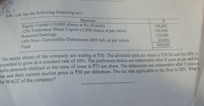 Hou
Ex. 3
ABC Ltd. has the following financing mix :
Sources
Equity Capital (10,000 shares at Rs.10 cach)
12% Preference Share Capital (1,000 shares at par value)
Retained Earnings
14% Non-Convertible Debentures (800 deb. at par value)
Total
100,000
100,000
120,000
80,000
400,000
The equity shares of the company are trading at 50. The dividend paid per share is 220.00 and the DPS is
expected to grow at a constant rate of 10%. The preference shares are redeemable after 8 years at par and the
sales proceeds realized at the time of issue is 75 per share. The debentures are redeemable after 5 years at
Dar and their current market price is 90 per debenture. The tax rate applicable to the firm is 50%. What is
he WACC of the company?