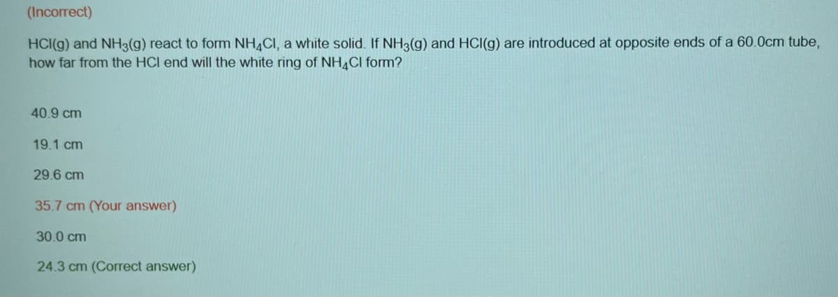 (Incorrect)
HCI(g) and NH3(g) react to form NH4CI, a white solid. If NH3(g) and HCI(g) are introduced at opposite ends of a 60.0cm tube,
how far from the HCI end will the white ring of NH4Cl form?
40.9 cm
19.1 cm
29.6 cm
35.7 cm (Your answer)
30.0 cm
24.3 cm (Correct answer)