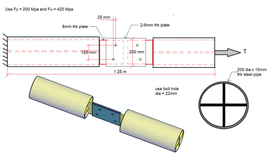 Use Fy = 200 Mpa and Fu = 420 Mpa
8mm thk plate
125 mm
25 mm
1.25 m
2-6mm thk plate
200 mm
use bolt hole
dia = 22mm
T
200 dia x 10mm
thk steel pipe