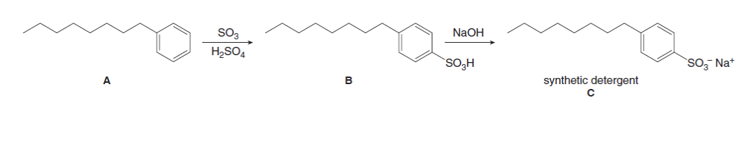 SO3
NaOH
H2SO4
SO;H
`SO Na+
A
B
synthetic detergent
