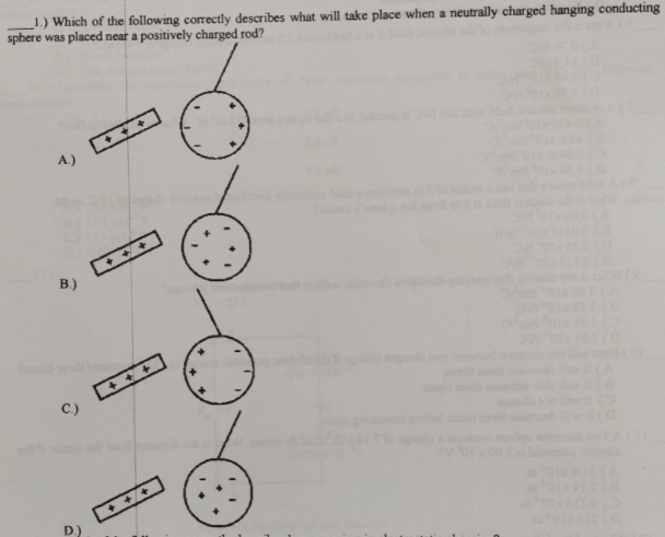 1.) Which of the following correctly describes what will take place when a neutrally charged hanging conducting
sphere was placed near a positively charged rod?
4)
в)
C)
D.)
