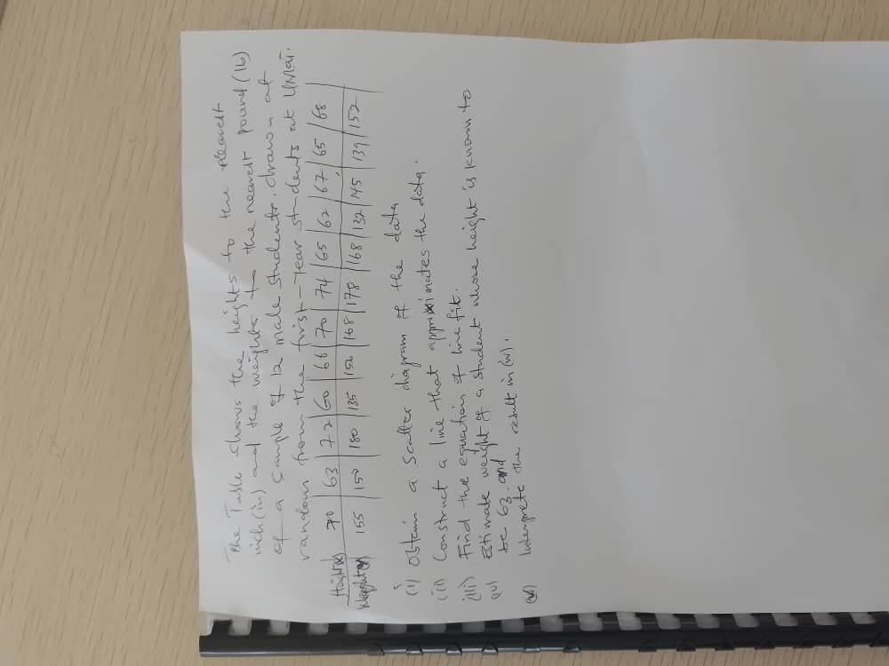 the Table shows the heights to the plearest
wich (in) and the weights to the nearest found (16)
of a sample 7 12 male students, drawn at
random from the first-year stdents at UMAT.
63 72 60 66 70 74/65/62/67/65/68
Поўнга) это
Kleighton 155
9
159
135
180
168/178/168/132/145 139/152
(1) obtam a scatter chagram of the data
(10) Construct a line that approximates the data.
(11) Find the equation & line fit.
pul
a student whose height is known to
Estimate weight of
be 63. and
Interprete the result in (W),