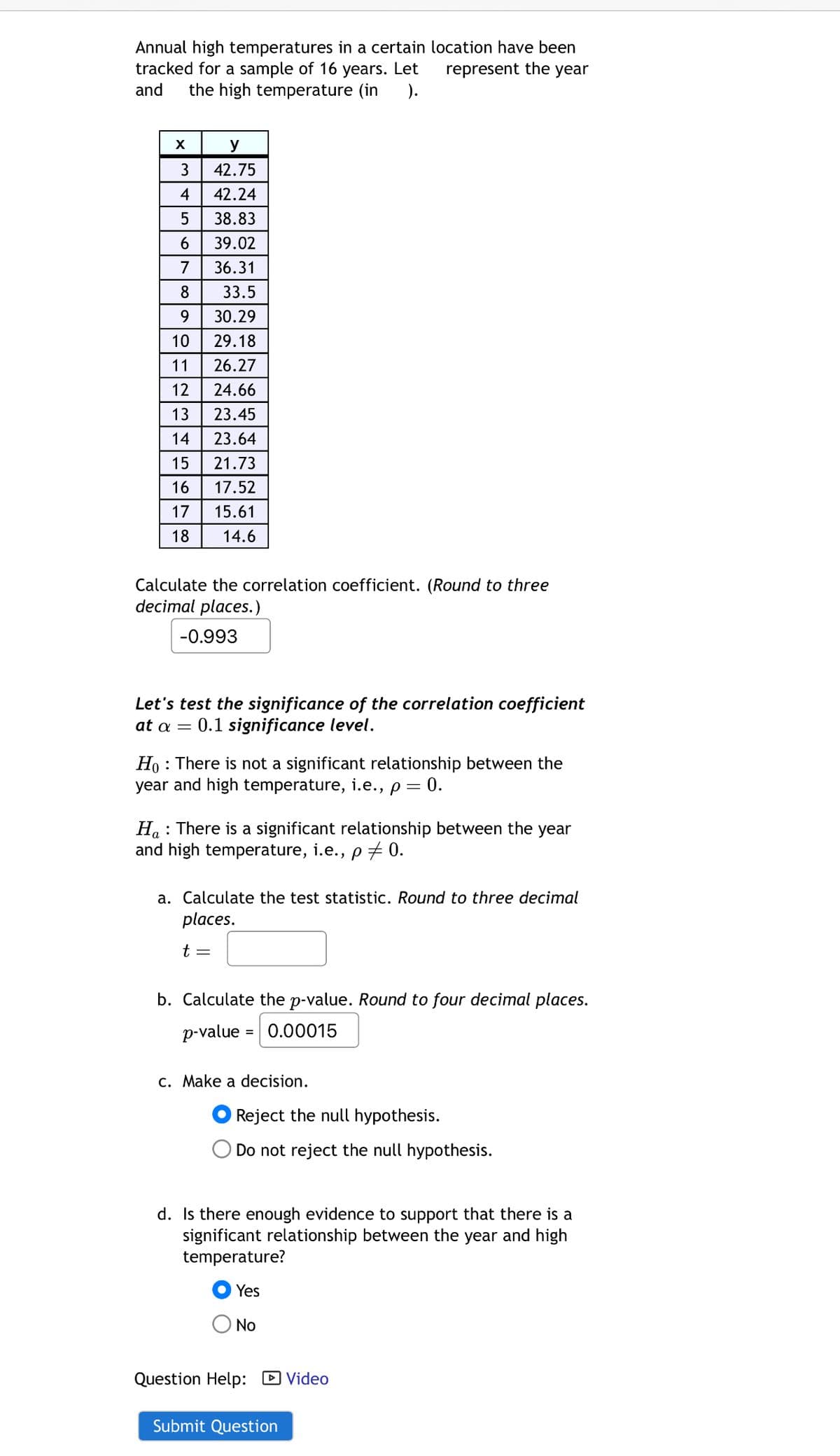 Annual high temperatures in a certain location have been
tracked for a sample of 16 years. Let
and the high temperature (in ).
represent the year
X
y
3
42.75
4 42.24
5
38.83
6
39.02
7
36.31
8
33.5
9
30.29
10
29.18
13
11 26.27
12
23
24.66
23.45
14
23.64
15
21.73
16
17.52
17
15.61
18
14.6
Calculate the correlation coefficient. (Round to three
decimal places.)
-0.993
Let's test the significance of the correlation coefficient
at α = 0.1 significance level.
Ho There is not a significant relationship between the
year and high temperature, i.e., p = 0.
Ha: There is a significant relationship between the year
and high temperature, i.e., p = 0.
a. Calculate the test statistic. Round to three decimal
places.
t
==
b. Calculate the p-value. Round to four decimal places.
p-value
= 0.00015
c. Make a decision.
Reject the null hypothesis.
Do not reject the null hypothesis.
d. Is there enough evidence to support that there is a
significant relationship between the year and high
temperature?
Yes
No
Question Help: ✓ Video
Submit Question