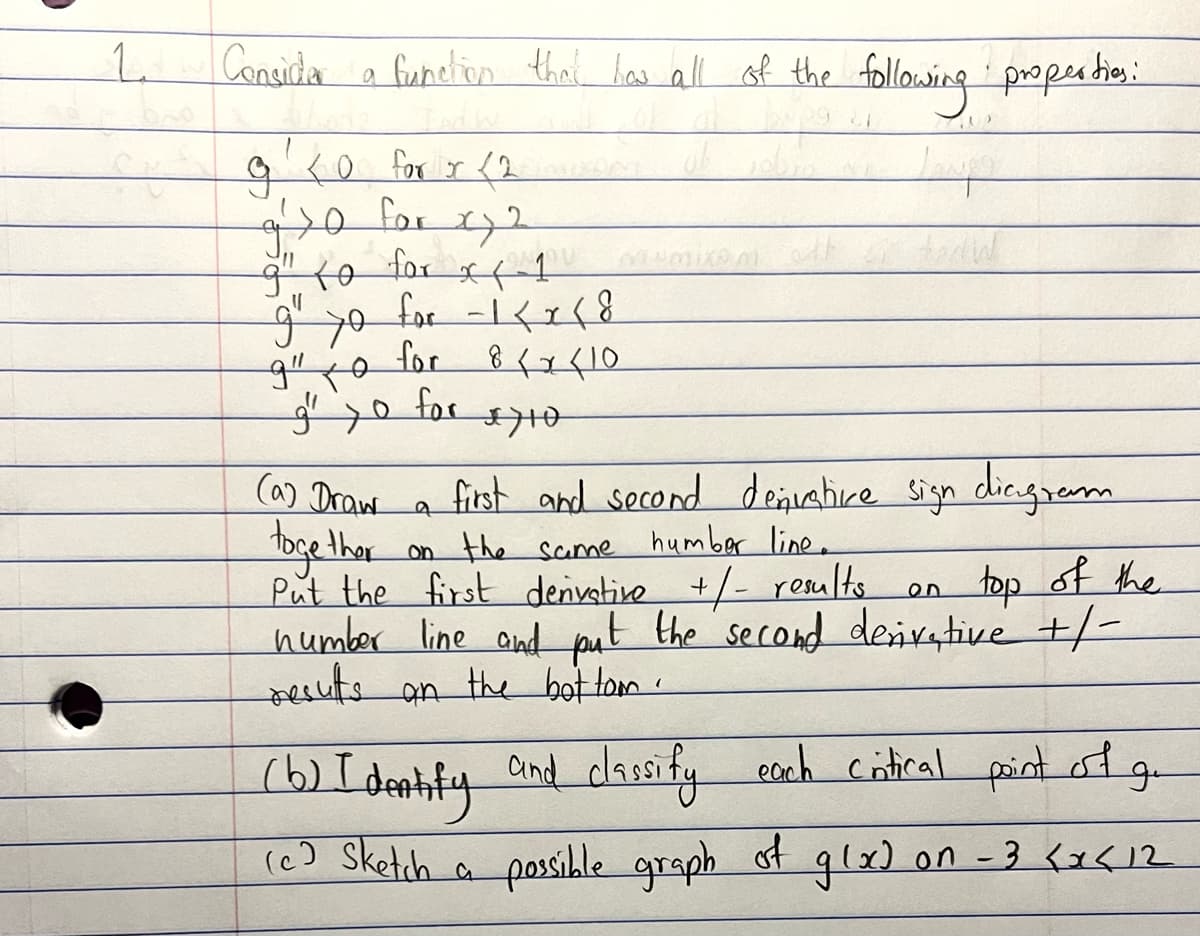 1
Consider a function that has all of the following properties:
д то for r <2
970 for x>2
9" To for x-1
9₁ 70 for -1<x<8.
for 8 x 10
*710
д" то
g" yo for
(a) Draw a
toge ther
بر داد و دان
first and second denivatice sign diagram
humber line.
Put the first derivative +/- results.
on
top of the
number line and put the second derivative +/-
results on the bottom.
ther on the same
AUD
(6) Identify and classify each critical point of gu
(c) Sketch a possible graph of glx) on - 3 <x<12