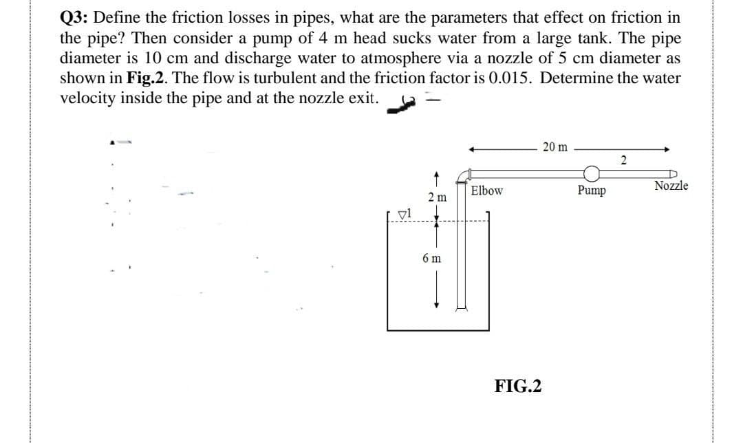 Q3: Define the friction losses in pipes, what are the parameters that effect on friction in
the pipe? Then consider a pump of 4 m head sucks water from a large tank. The pipe
diameter is 10 cm and discharge water to atmosphere via a nozzle of 5 cm diameter as
shown in Fig.2. The flow is turbulent and the friction factor is 0.015. Determine the water
velocity inside the pipe and at the nozzle exit.
20 m
2
Elbow
Nozzle
2 m
71
6 m
FIG.2
Pump