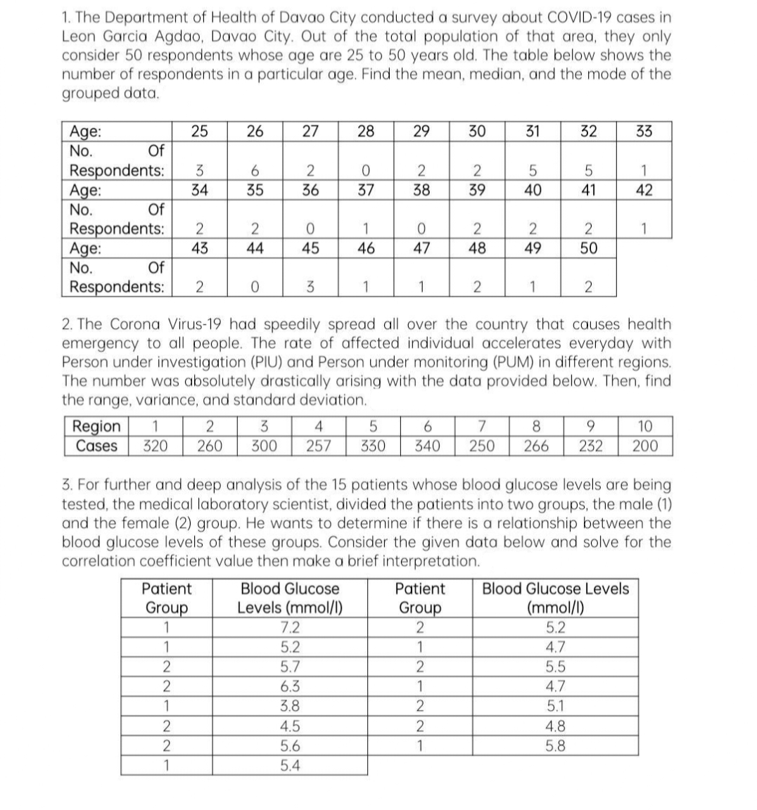 1. The Department of Health of Davao City conducted a survey about COVID-19 cases in
Leon Garcia Agdao, Davao City. Out of the total population of that area, they only
consider 50 respondents whose age are 25 to 50 years old. The table below shows the
number of respondents in a particular age. Find the mean, median, and the mode of the
grouped data.
Age:
No.
Of
Respondents:
Age:
No.
Of
Respondents:
Age:
No.
Of
25
3
34
23
43
26
6
35
Patient
Group
1
1
2
2
1
2
2
1
2
44
0
27
G656a
2
36
3.8
45
7.2
5.2
5.7
6.3
564
Blood Glucose
Levels (mmol/l)
04
3
4
Region 1
2
5
Cases 320 260 300 257 330
5.6
4.5
3
28
5.4
0
37
1
46
1
29
2
38
0
47
Respondents: 2
auses health
2. The Corona Virus-19 had speedily read all over the country that
emergency to all people. The rate of affected individual accelerates everyday with
Person under investigation (PIU) and Person under monitoring (PUM) in different regions.
The number was absolutely drastically arising with the data provided below. Then, find
the range, variance, and standard deviation.
1
30
2
39
2
48
Patient
Group
2
1
2
1
2
2
1
31
2
5
40
2
49
1
3. For further and deep analysis of the 15 patients whose blood glucose levels are being
tested, the medical laboratory scientist, divided the patients into two groups, the male (1)
and the female (2) group. He wants to determine if there is a relationship between the
blood glucose levels of these groups. Consider the given data below and solve for the
correlation coefficient value then make a brief interpretation.
32
5
41
4.8
45
ထထ
2
50
5.8
2
6
7 8
9
10
340 250 266 232 200
Blood Glucose Levels
(mmol/l)
5.2
4.7
5.5
4.7
5.1
33
1
42
1