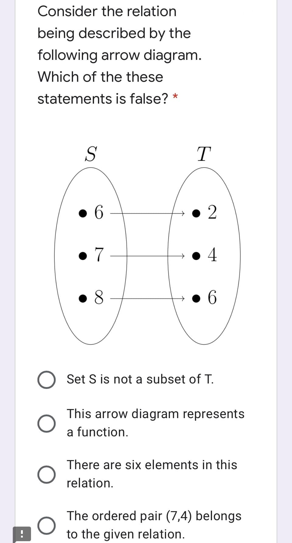 Consider the relation
being described by the
following arrow diagram.
Which of the these
statements is false? *
S
• 6
7
4
8.
6.
Set S is not a subset of T.
This arrow diagram represents
a function.
There are six elements in this
relation.
The ordered pair (7,4) belongs
to the given relation.
