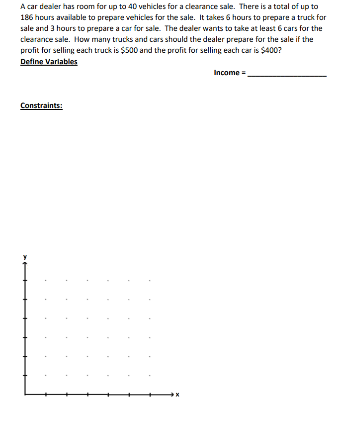 A car dealer has room for up to 40 vehicles for a clearance sale. There is a total of up to
186 hours available to prepare vehicles for the sale. It takes 6 hours to prepare a truck for
sale and 3 hours to prepare a car for sale. The dealer wants to take at least 6 cars for the
clearance sale. How many trucks and cars should the dealer prepare for the sale if the
profit for selling each truck is $500 and the profit for selling each car is $400?
Define Variables
Constraints:
X
Income =