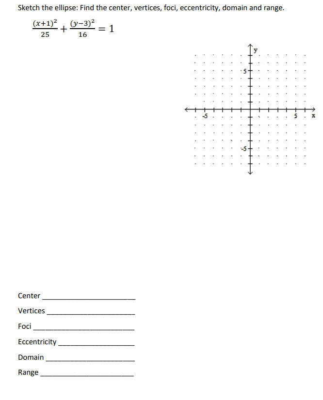 Sketch the ellipse: Find the center, vertices, foci, eccentricity, domain and range.
(x+1)² (y-3)²
+
1
25
16
Center
Vertices
Foci
Eccentricity
Domain
Range
&
M