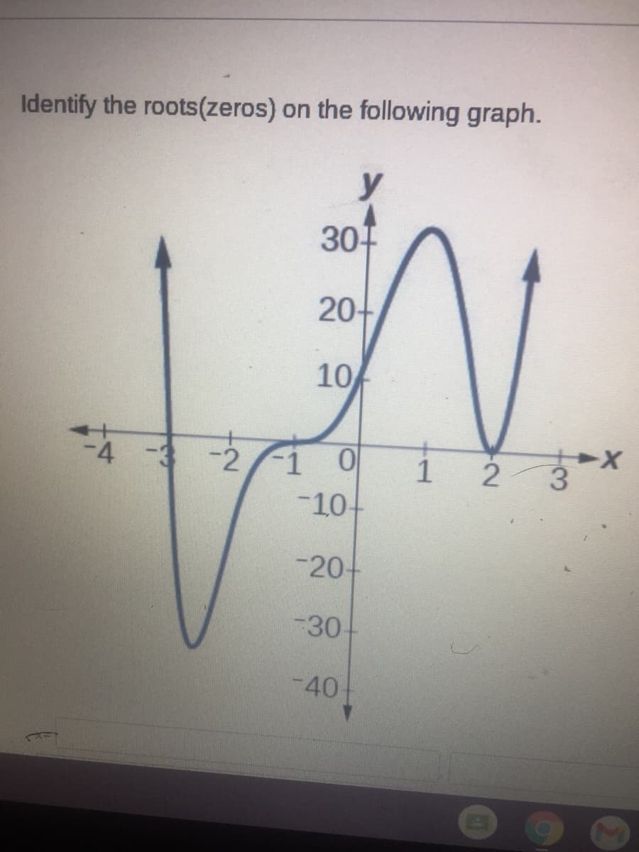 Identify the roots(zeros) on the following graph.
y
30
20-
10
-4 -3
-2
-1
1
2 3
-10-
-20+
-30-
-40
