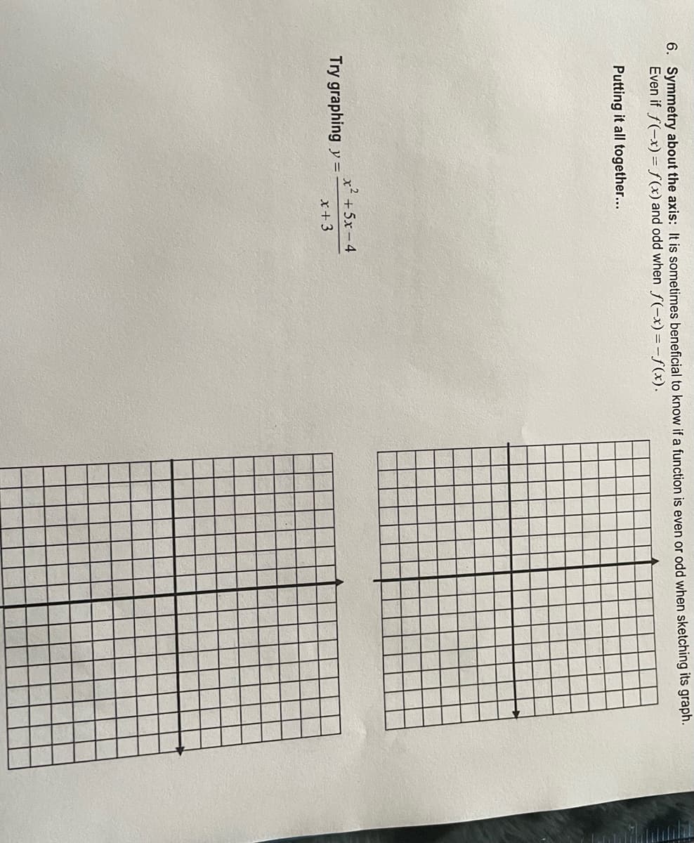 6. Symmetry about the axis: It is sometimes beneficial to know if a function is even or odd when sketching its graph.
Even if f(-x) = f(x) and odd when f(-x) = -f(x).
Putting it all together...
Try graphing y=
x +5x-4
x + 3