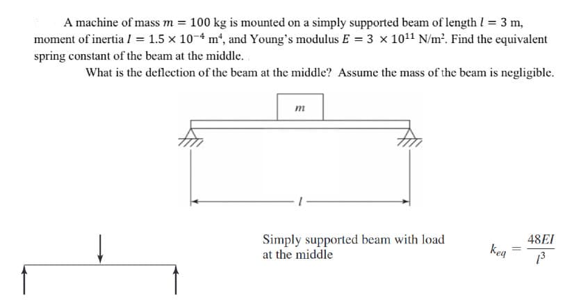 A machine of mass m = 100 kg is mounted on a simply supported beam of length 1 = 3 m,
moment of inertia / = 1.5 × 10-4 m², and Young's modulus E = 3 × 10¹¹ N/m². Find the equivalent
spring constant of the beam at the middle.
What is the deflection of the beam at the middle? Assume the mass of the beam is negligible.
m
Simply supported beam with load
at the middle
keq
=
48EI
13