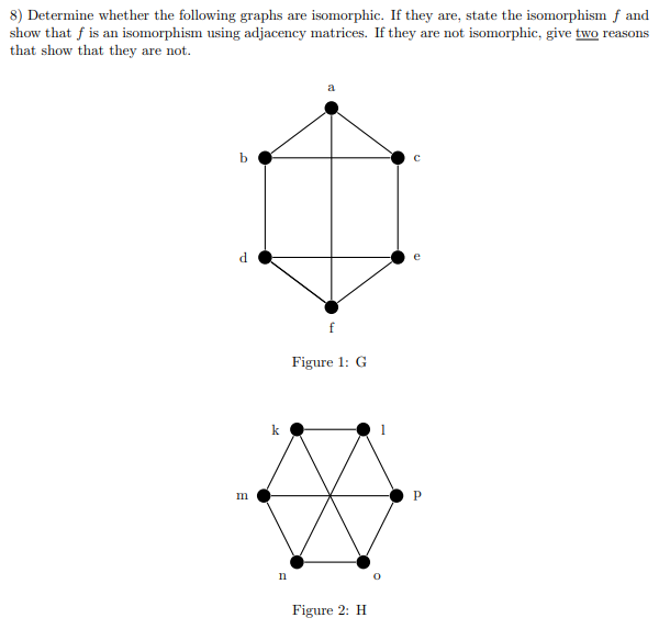 8) Determine whether the following graphs are isomorphic. If they are, state the isomorphism f and
show that f is an isomorphism using adjacency matrices. If they are not isomorphic, give two reasons
that show that they are not.
b
e
Figure 1: G
k
n
Figure 2: H
