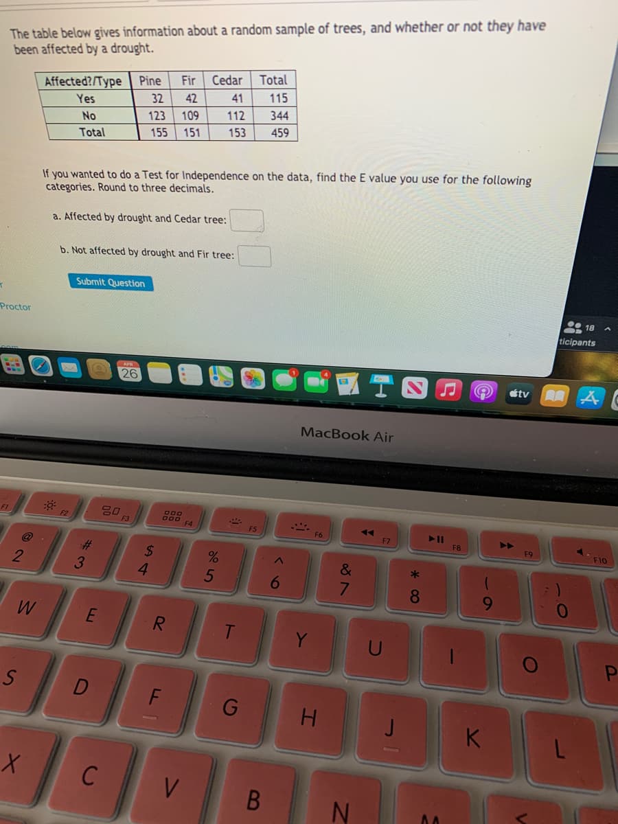 The table below gives information about a random sample of trees, and whether or not they have
been affected by a drought.
Fir
Cedar
Total
Affected?/Type Pine
32
42
41
115
Yes
123
109
112
344
No
155
151
153
459
Total
If you wanted to do a Test for Independence on the data, find the E value you use for the following
categories. Round to three decimals.
a. Affected by drought and Cedar tree:
b. Not affected by drought and Fir tree:
Submit Question
• 18
Proctor
ticipants
APR
26
tv
MacBook Air
F1
000
F2
F3
000 F4
F5
F6
F7
F8
F9
F10
%23
2$
4.
&
3
6.
8
W
R
Y
G
J
K
C
V
IN
B
L
