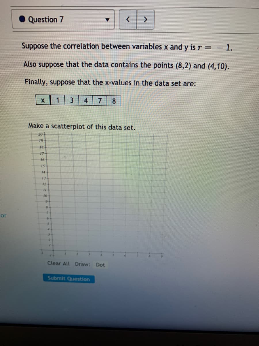 Question 7
Suppose the correlation between variables x and y is r = - 1.
Also suppose that the data contains the points (8,2) and (4,10).
Finally, suppose that the x-values in the data set are:
1
3
4
8.
Make a scatterplot of this data set.
20
19
18
17
16
15
14
13
12
9-
7.
Lor
5.
Clear All Draw: Dot
Submit Question
