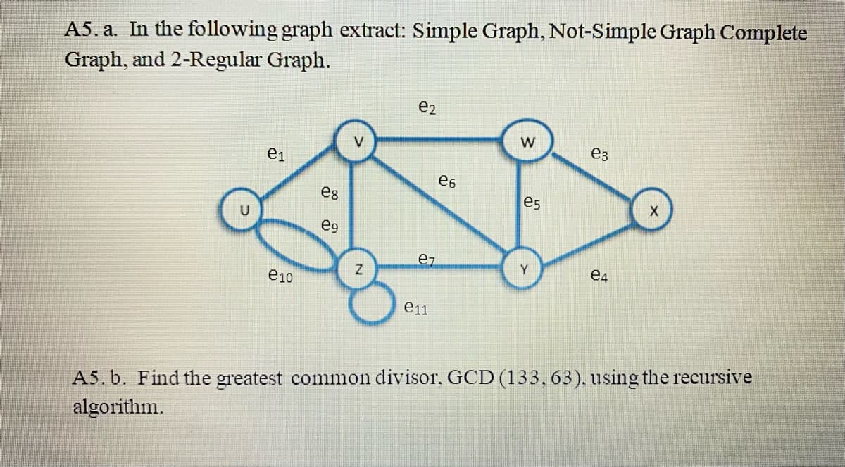 A5. a. In the following graph extract: Simple Graph, Not-Simple Graph Complete
Graph, and 2-Regular Graph.
e2
ез
ei
e6
es
es
eg
ez
Y
e4
e10
A5. b. Find the greatest common divisor, GCD (133, 63), using the recursive
algorithm.
