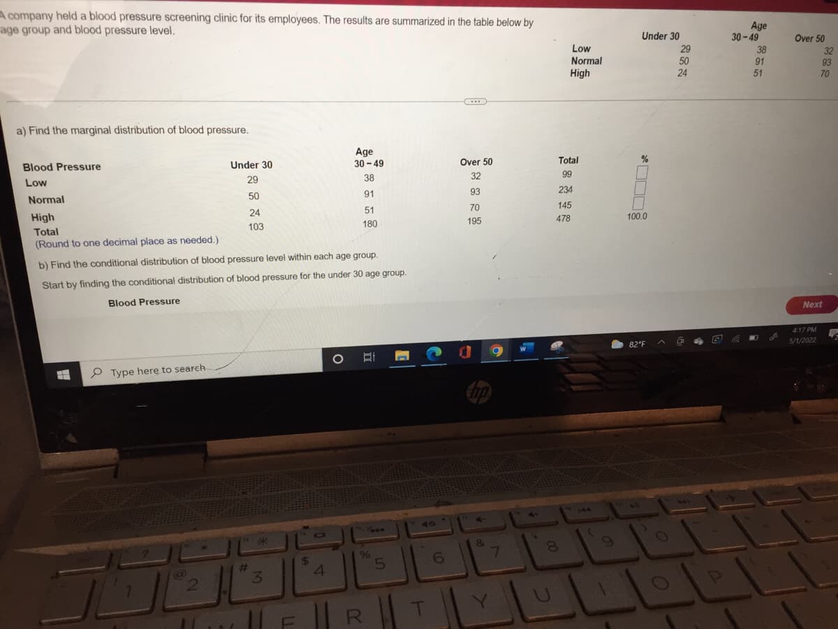 A company held a blood pressure screening clinic for its employees. The results are summarized in the table below by
age group and blood pressure level.
C
a) Find the marginal distribution of blood pressure.
Blood Pressure
Age
30-49
Under 30
Over 50
Low
29
38
32
Normal
50
91
93
High
24
51
70
103
Total
195
180
(Round to one decimal place as needed.)
b) Find the conditional distribution of blood pressure level within each age group.
Start by finding the conditional distribution of blood pressure for the under 30 age group.
Blood Pressure
O
#
Type here to search
@
5
2
#
3
LL
$
4
%
R
5
T
6
...
4-
&
O
8
U
Low
Normal
High
Total
99
234
145
478
144
9
Under 30
%
100.0
82°F
A
O
29
50
24
P
Age
38
30-49
91
51
Over 50
Next
4:17 PM
5/1/2022
32
93
70