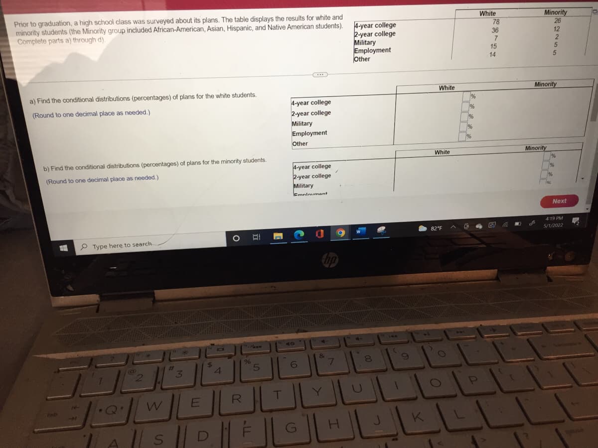 Prior to graduation, a high school class was surveyed about its plans. The table displays the results for white and
minority students (the Minority group included African-American, Asian, Hispanic, and Native American students).
Complete parts a) through d)
a) Find the conditional distributions (percentages) of plans for the white students.
(Round to one decimal place as needed.)
4-year college
2-year college
Military
Employment
Other
b) Find the conditional distributions (percentages) of plans for the minority students.
(Round to one decimal place as needed.)
4-year college
2-year college
Military
Employment
Type here to search
O 바
%
•Q
W
Alls
4
#
3
$
4
5
E
R
DHE
T
6
&
7
H
4-year college
2-year college
Military
Employment
Other
8
J
C
1
9
White
K
White
82°F
ch
>
24
O
O
P
White
78
36
7
15
14
Minority
26
82255
Minority
12
Minority
%
Next
4:19 PM
5/1/2022
Pe