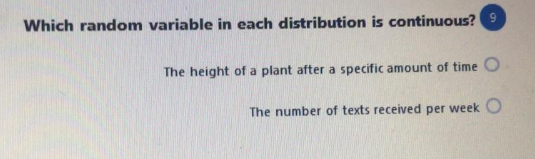 Which random variable in each distribution is continuous? 9
The height of a plant after a specific amount of time O
The number of texts received per week O
