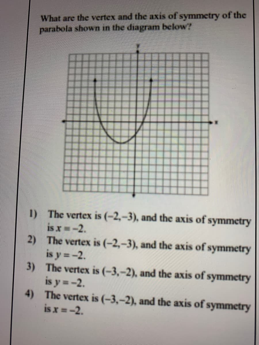 What are the vertex and the axis of symmetry of the
parabola shown in the diagram below?
I) The vertex is (-2,–3), and the axis of symmetry
is x-2.
2) The vertex is (-2,-3), and the axis of symmetry
is y =-2.
3) The vertex is (-3,-2), and the axis of symmetry
is y =-2.
4) The vertex is (-3,-2), and the axis of symmetry
is x =-2.
