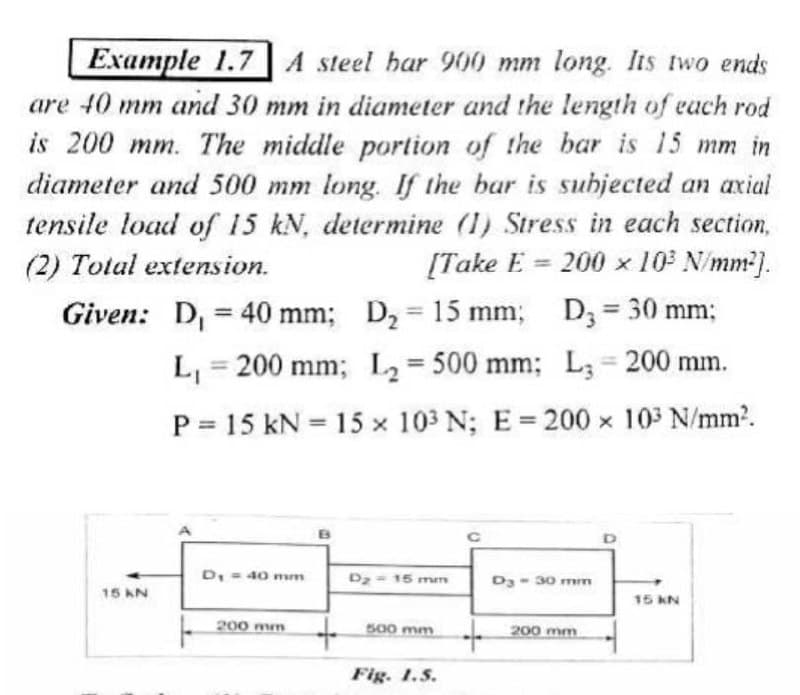 Example 1.7 A steel har 900 mm long. Iis two ends
are 40 mm and 30 mm in diameter and the length of each rod
is 200 mm. The middle portion of the bar is 15 mm in
diameter and 500 mm long. If the bar is suhjected an axial
tensile load of 15 kN, determine (1) Stress in each section,
200 x 10 N/mm²].
(2) Total extension.
[Take E = .
%3D
Given: D, = 40 mm; D2 15 mm;
D; = 30 mm;
%3D
%3D
%3D
L,
= 200 mm; L2 = 500 mm; L,= 200 mm.
P = 15 kN = 15 x 103 N; E= 200 x 103 N/mm2.
D, = 40 mm
Dz- 15 mm
D3- 30 mm
15 KN
15 KN
- 200 mm
500 mm L 200 mm
Fig. 1.5.
