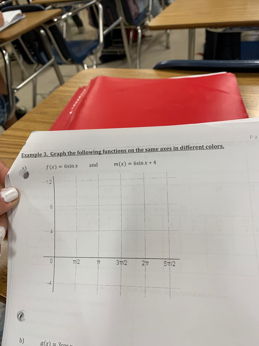 P a
Example 3. Graph the following functions on the same axes in different colors.
f (x) = 6sin x
and
m(x) = 6sin x + 4
-12
8
4-
TT/2
3TT/2
TT
5TT/2
b)
g(x) = 3cor u
