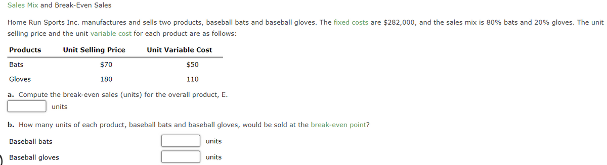 Sales Mix and Break-Even Sales
Home Run Sports Inc. manufactures and sells two products, baseball bats and baseball gloves. The fixed costs are $282,000, and the sales mix is 80% bats and 20% gloves. The unit
selling price and the unit variable cost for each product are as follows:
Products
Bats
Gloves
Unit Selling Price
$70
180
Unit Variable Cost
$50
110
a. Compute the break-even sales (units) for the overall product, E.
units
b. How many units of each product, baseball bats and baseball gloves, would be sold at the break-even point?
Baseball bats
Baseball gloves
units
units