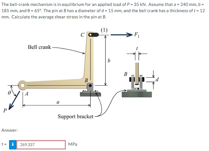 The bell-crank mechanism is in equilibrium for an applied load of P = 35 kN. Assume that a = 240 mm, b =
185 mm, and 8 = 65°. The pin at B has a diameter of d = 15 mm, and the bell crank has a thickness of t = 12
mm. Calculate the average shear stress in the pin at B.
(1)
P
Answer:
T =
i
Bell crank
A
269.337
a
C
MPa
B
Support bracket-
b
F₁
it
B