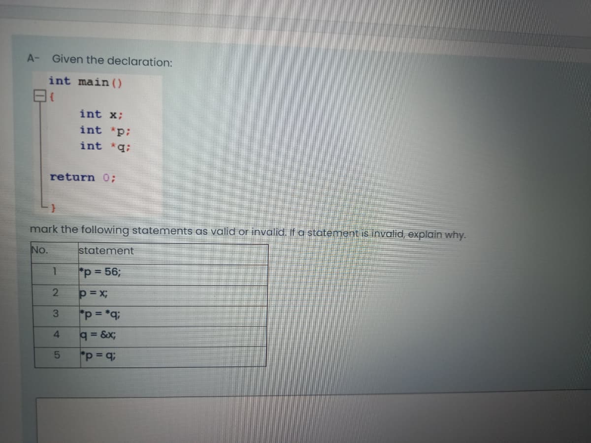 A-
Given the declaration:
int main ()
int x;
int p:
int q;
return 0;
mark the following statements as valid or invalid. If a statement is invalid, explain why.
No.
statement
1.
*p 563;
p = x;
3.
p= *;
4.
q = &x;
