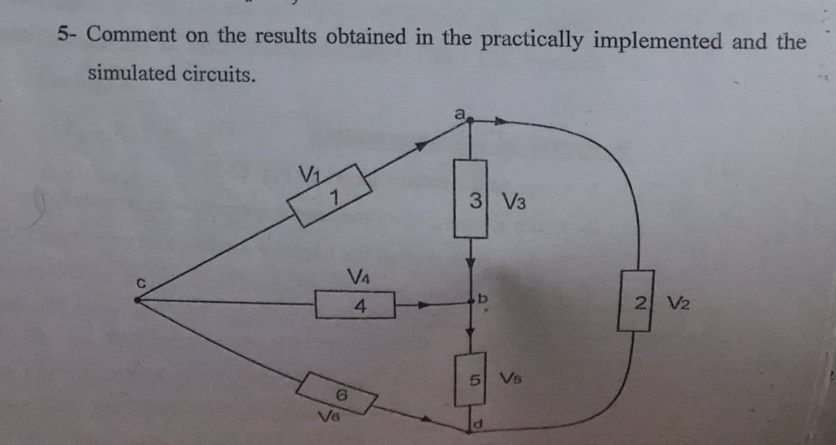 5- Comment on the results obtained in the practically implemented and the
simulated circuits.
3 V3
V4
2 V2
4
Vs
6.
V6
10
