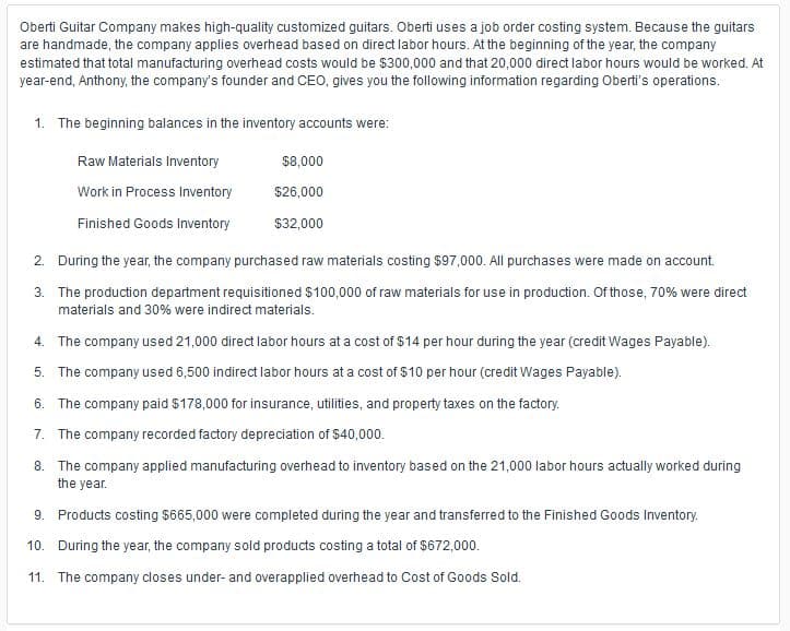 ### Oberti Guitar Company: Job Order Costing System Analysis

Oberti Guitar Company specializes in producing high-quality customized guitars and adopts a job order costing system due to the handmade nature of its products. In this system, overhead is applied based on direct labor hours. At the onset of the year, it was forecasted that total manufacturing overhead would be $300,000, with 20,000 direct labor hours being utilized. Below is a summary of the company's operations provided by Anthony, the founder and CEO, for the year-end analysis:

1. **Beginning Inventory Balances:**
   - **Raw Materials Inventory:** $8,000
   - **Work in Process Inventory:** $26,000
   - **Finished Goods Inventory:** $32,000

2. **Raw Material Purchases:**
   - The company purchased raw materials costing $97,000 during the year, with all acquisitions made on account.

3. **Material Requisitions:**
   - The production department requisitioned $100,000 in raw materials for production. Out of these, 70% were direct materials, and 30% were indirect materials.

4. **Direct Labor:**
   - A total of 21,000 direct labor hours were utilized during the year, at a rate of $14 per hour (credited to Wages Payable).

5. **Indirect Labor:**
   - The company used 6,500 indirect labor hours at a rate of $10 per hour (credited to Wages Payable).

6. **Factory Overhead Costs:**
   - Expenses for insurance, utilities, and property taxes on the factory amounted to $178,000.

7. **Factory Depreciation:**
   - Depreciation on factory equipment was recorded at $40,000.

8. **Application of Manufacturing Overhead:**
   - Manufacturing overhead was applied to inventory based on the 21,000 direct labor hours actually worked during the year.

9. **Completion of Products:**
   - Products costing $665,000 were completed during the year and transferred to the Finished Goods Inventory.

10. **Sales:**
    - The company sold products totaling $672,000 throughout the year.

11. **Closing of Overhead Accounts:**
    - The company adjusted the Cost of Goods Sold to account for any under- or overapplied overhead.

This detailed breakdown provides a comprehensive understanding of the operational costs and resource allocation within the company, crucial