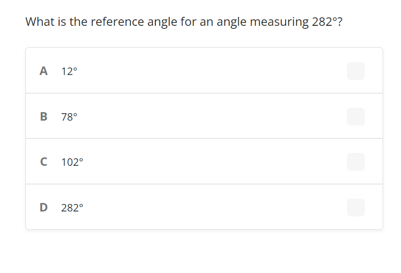 What is the reference angle for an angle measuring 282°?
A
12°
B 78°
102°
D
282°
