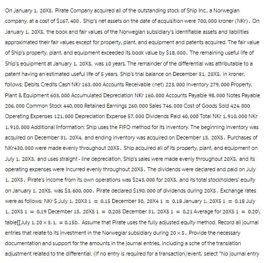 On January 1, 20X5, Pirate Company acquired all of the outstanding stock of Ship Inc., a Norwegian
company, at a cost of $167,400. Ship's net assets on the date of acquisition were 700, 000 kroner (NKr). On
January 1, 20X5, the book and fair values of the Norwegian subsidiary's identifiable assets and liabilities
approximated their fair values except for property, plant, and equipment and patents acquired. The fair value
of Ship's property, plant, and equipment exceeded its book value by $18,000. The remaining useful life of
Ship's equipment at January 1, 20X5, was 10 years. The remainder of the differential was attributable to a
patent having an estimated useful life of 5 years. Ship's trial balance on December 31, 20X5, in kroner,
follows: Debits Credits Cash NKr 163, 000 Accounts Receivable (net) 223, 000 Inventory 279,000 Property,
Plant & Equipment 603,000 Accumulated Depreciation NKr 160,000 Accounts Payable 98,000 Notes Payable
206,000 Common Stock 440,000 Retained Earnings 260,000 Sales 746, 000 Cost of Goods Sold 424,000
Operating Expenses 121,000 Depreciation Expense 57,000 Dividends Paid 40,000 Total NKr 1, 910,000 NKr
1,910,000 Additional Information: Ship uses the FIFO method for its inventory. The beginning inventory was
acquired on December 31, 20X4, and ending inventory was acquired on December 15, 20X5. Purchases of
NKr430,000 were made evenly throughout 20X5. Ship acquired all of its property, plant, and equipment on
July 1, 20X3, and uses straight-line depreciation. Ship's sales were made evenly throughout 20X5, and its
operating expenses were incurred evenly throughout 20X5. The dividends were declared and paid on July
1, 20X5. Pirate's income from its own operations was $243,000 for 20X5, and its total stockholders' equity
on January 1, 20X5, was $3,600,000. Pirate declared $190,000 of dividends during 20X5. Exchange rates
were as follows: NKr $ July 1, 20X3 1 = 0.15 December 30, 20X4 1 = 0.18 January 1, 20X5 1 = 0.18 July
1, 20X5 1 = 0.19 December 15, 20X5 1 = 0.205 December 31, 20X5 1 = 0.21 Average for 20X5 1 = 0.20\
table [[July 1, 20 x 3, 1, = 0.15b. Assume that Pirate uses the fully adjusted equity method. Record all journal
entries that relate to its investment in the Norwegiar subsidiary during 20 x 5. Provide the necessary
documentation and support for the amounts in the journal entries, including a sche of the translation
adjustment related to the differential. (If no entry is required for a transaction/event, select "No journal entry