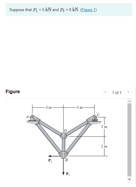 Suppose that P₁ = 5 kN and P₂ = 8 kN. (Figure 1)
Figure
A
3 m
P₁
B
P₂
3 m
2 m
2 m
1 of 1