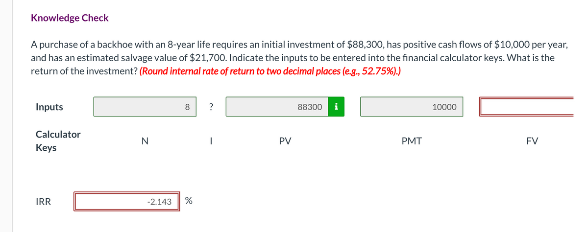 Knowledge Check
A purchase of a backhoe with an 8-year life requires an initial investment of $88,300, has positive cash flows of $10,000 per year,
and has an estimated salvage value of $21,700. Indicate the inputs to be entered into the financial calculator keys. What is the
return of the investment? (Round internal rate of return to two decimal places (e.g., 52.75%).)
Inputs
Calculator
Keys
IRR
N
8
-2.143 %
?
|
PV
88300 i
PMT
10000
FV