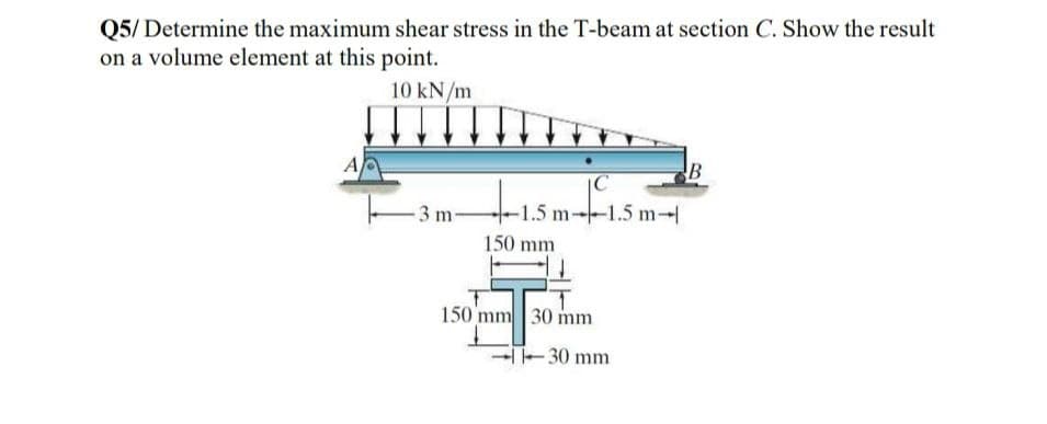 Q5/ Determine the maximum shear stress in the T-beam at section C. Show the result
on a volume element at this point.
10 kN/m
A
-3 m-
1.5 m--1.5 m-
150 mm
150 mm 30 mm
T-30 mm
