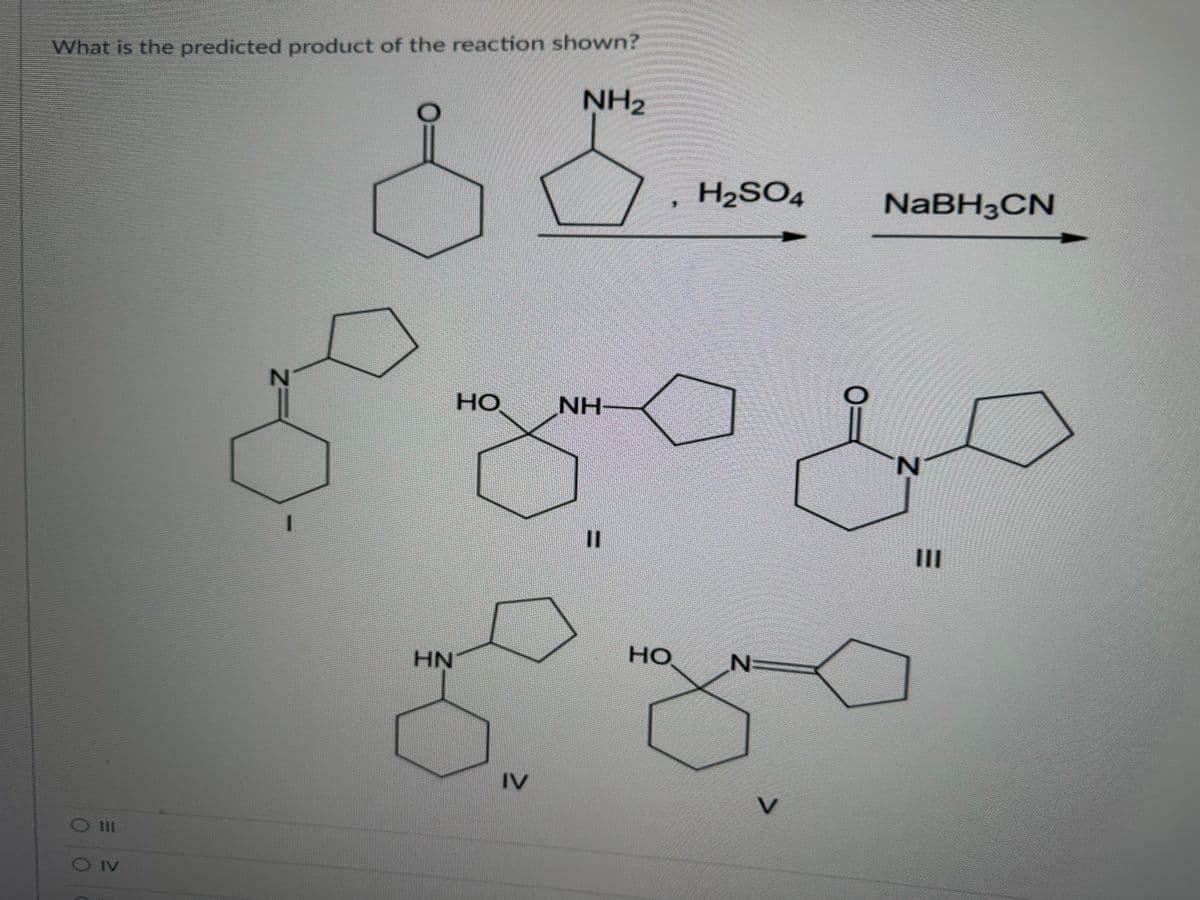 What is the predicted product of the reaction shown?
111
O IV
Z=
1
HN
HO
IV
NH₂
NH
11
HO
H₂SO4
N
V
NaBH3CN
N
III