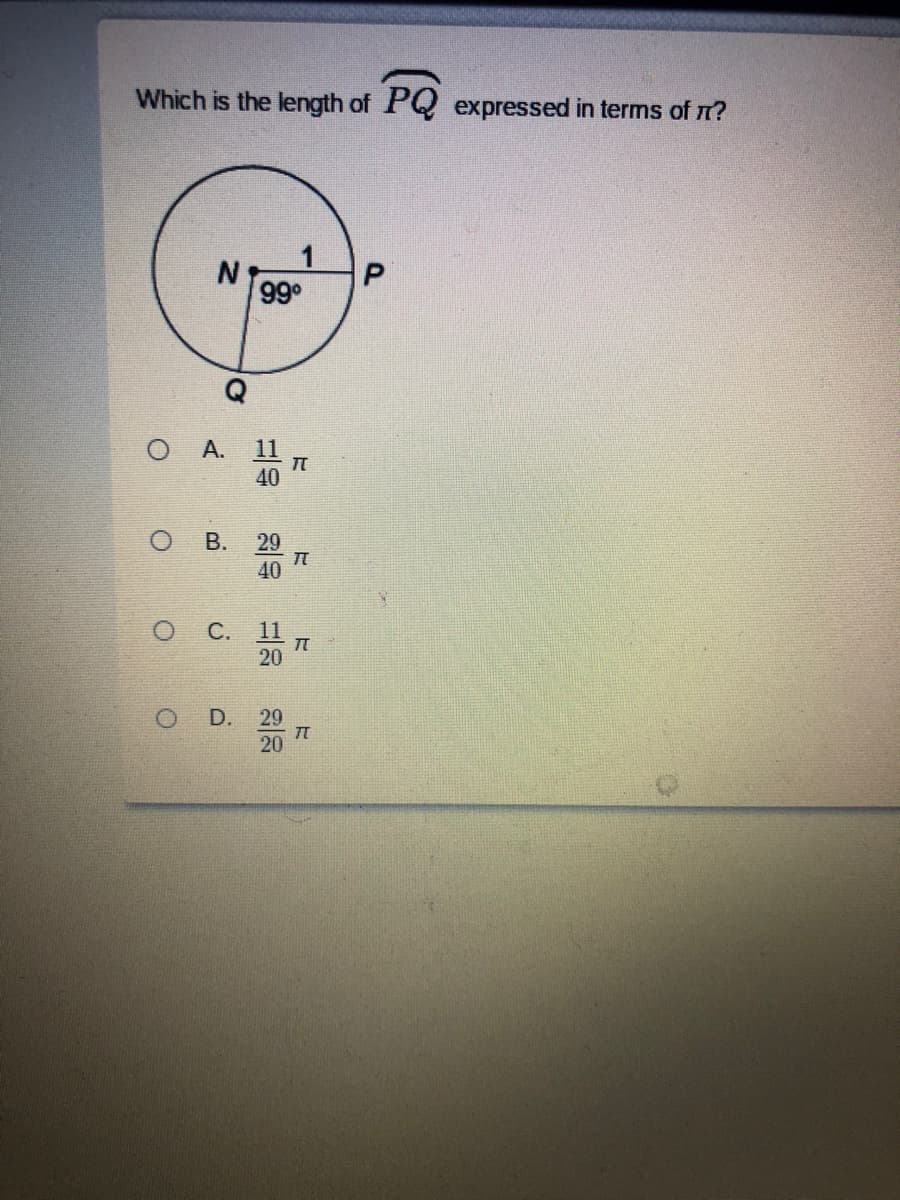 Which is the length of PQ expressed in terms of n?
66
O A.
40
В.
29
40
11
20
D. 29
20
B.
C.
