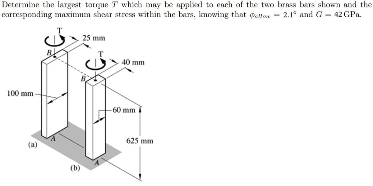 Determine the largest torque T which may be applied to each of the two brass bars shown and the
corresponding maximum shear stress within the bars, knowing that allow 2.1° and G 42 GPa.
=
=
100 mm
(a)
(b)
25 mm
40 mm
-60 mm
625 mm