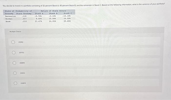 You decide to invest in a portfolio consisting of 32 percent Stock A, 43 percent Stock B, and the remainder in Stock C. Based on the following information, what is the variance of your portfolio?
State of Probability of
Economy State Economy
Recession
110
Normal
.657
Boon
-233
Multiple Choice
O
O
O
01092
00752
00849
00914
00009
Return if State Occurs
Stock D
-3.10%
10.50%
24.95%
Stock A
-9.70%
9.00%
21.47%
Stock C
-12.10%
16.50%
29.658