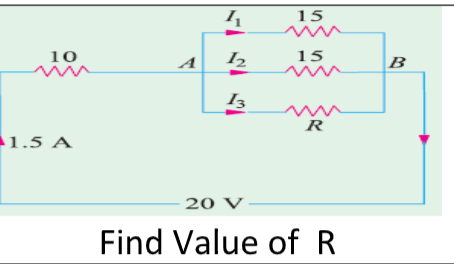 15
15
10
ww
A
B
I3
R
1.5 A
20 V
Find Value of R
