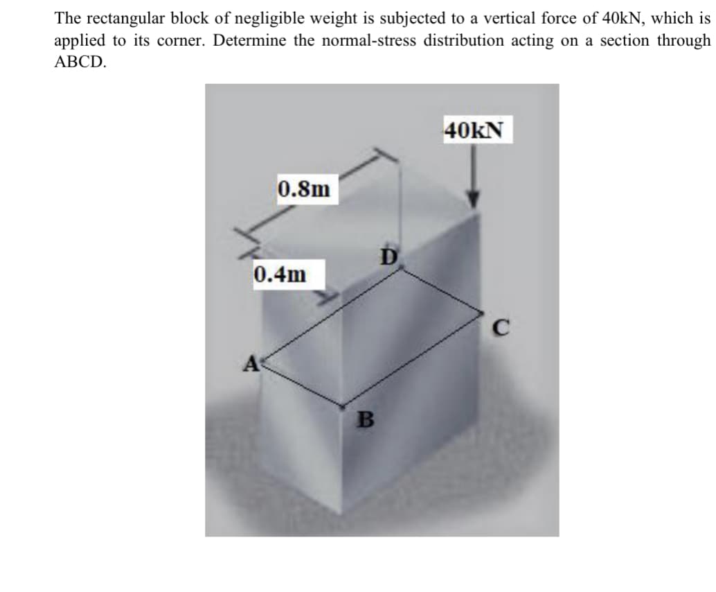 The rectangular block of negligible weight is subjected to a vertical force of 40kN, which is
applied to its corner. Determine the normal-stress distribution acting on a section through
ABCD.
0.8m
0.4m
B
D
40KN
C