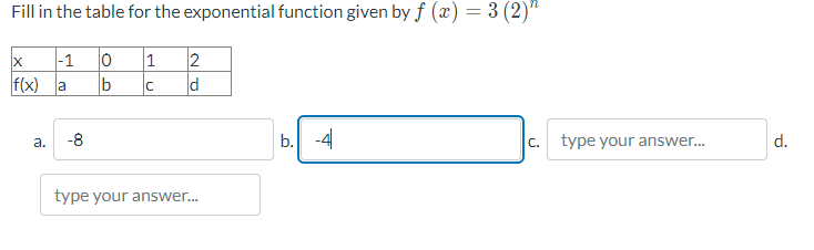 Fill in the table for the exponential function given by f (x) = 3 (2)"
0 1
C
X
-1
f(x) a
a. -8
2
d
type your answer...
b. -4
C. type your answer...
d.