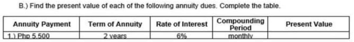 B.) Find the present value of each of the following annuity dues. Complete the table.
Compounding
Period
monthly.
Annuity Payment
Term of Annuity
Rate of Interest
Present Value
1) Php 5.50O
2 vears
6%
