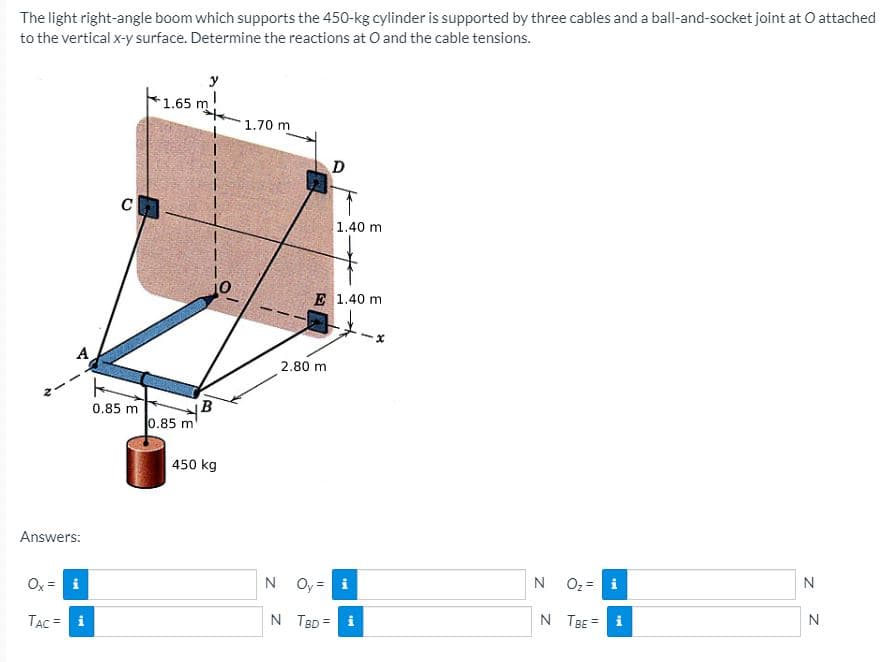 The light right-angle boom which supports the 450-kg cylinder is supported by three cables and a ball-and-socket joint at O attached
to the vertical x-y surface. Determine the reactions at O and the cable tensions.
y
1.65 m!
1.70 m
C
1.40 m
E 1.40 m
A
2.80 m
0.85 m
B
0.85 m
450 kg
Answers:
Ox = i
N Oy = i
N
O2 = i
N
TẠC = i
N TBD = i
N TBE = i
N
