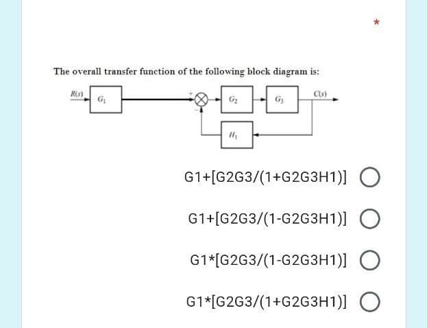 The overall transfer function of the following block diagram is:
Ris)
G
Cs)
G1+[G2G3/(1+G2G3H1)] O
G1+[G2G3/(1-G2G3H1)]
G1*[G2G3/(1-G2G3H1)] O
G1*[G2G3/(1+G2G3H1)] O
