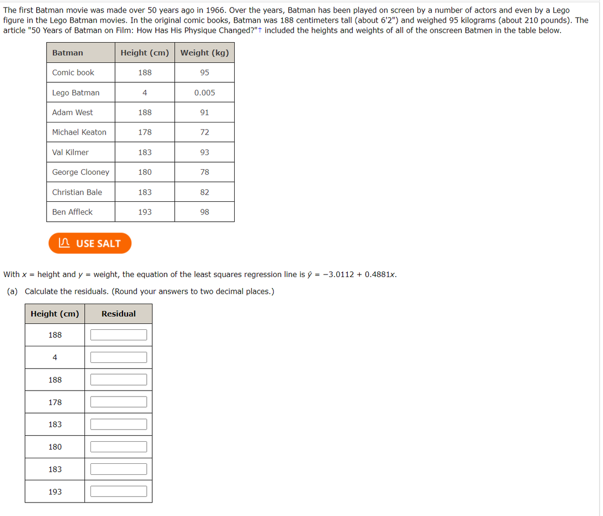 The first Batman movie was made over 50 years ago in 1966. Over the years, Batman has been played on screen by a number of actors and even by a Lego
figure in the Lego Batman movies. In the original comic books, Batman was 188 centimeters tall (about 6'2") and weighed 95 kilograms (about 210 pounds). The
article "50 Years of Batman on Film: How Has His Physique Changed?"+ included the heights and weights of all of the onscreen Batmen in the table below.
Height (cm) Weight (kg)
Batman
Comic book
Lego Batman
Adam West
Michael Keaton
Val Kilmer
George Clooney
Christian Bale
Ben Affleck
188
4
188
178
183
180
183
USE SALT
193
188
Residual
4
188
178
183
180
183
193
With x = height and y = weight, the equation of the least squares regression line is ŷ = -3.0112 + 0.4881x.
(a) Calculate the residuals. (Round your answers to two decimal places.)
Height (cm)
95
0.005
91
72
93
78
82
98