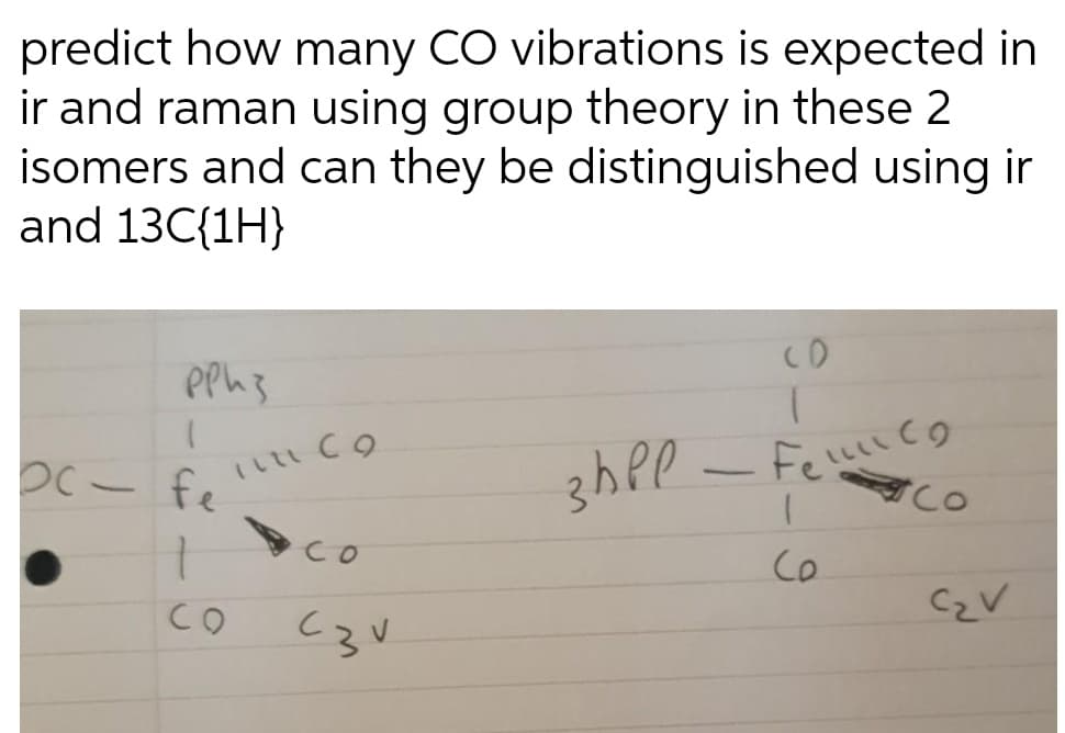 predict how many CO vibrations is expected in
ir and raman using group theory in these 2
isomers and can they be distinguished using ir
and 13C{1H}
3hPP - Feunco
Co
pc- fe
Co
CO
C2V
C3V
