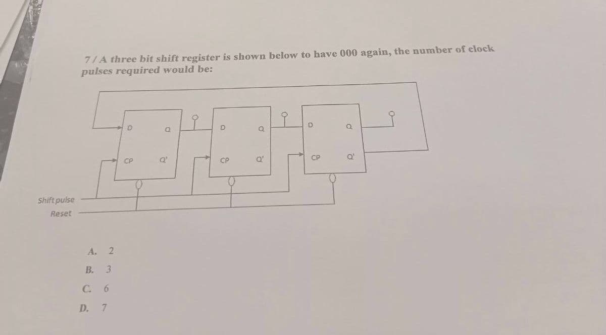 Shift pulse
Reset
7/A three bit shift register is shown below to have 000 again, the number of clock
pulses required would be:
D
D
D
0
Q
Q
CP
a'
CP
A. 2
B. 3
C. 6
D. 7
O'
CP