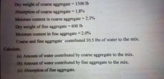 Dry weight of coarse aggregate 1500 lb
Absorption of coarse aggregate -1.8%
Moisture content in coarse aggregate 2.3%
Dry weight of fine aggregate 600 lb
Moisture content in fine aggregate = 2.0%
Coarse and fine aggregate contributed 10.5 lbs of water to the mix.
Calculate,
(a) Amount of water contributed by coarse aggregate to the mix.
(b) Amount of water contributed by fine aggregate to the mix.
(c) Absorption of fine aggregate.
